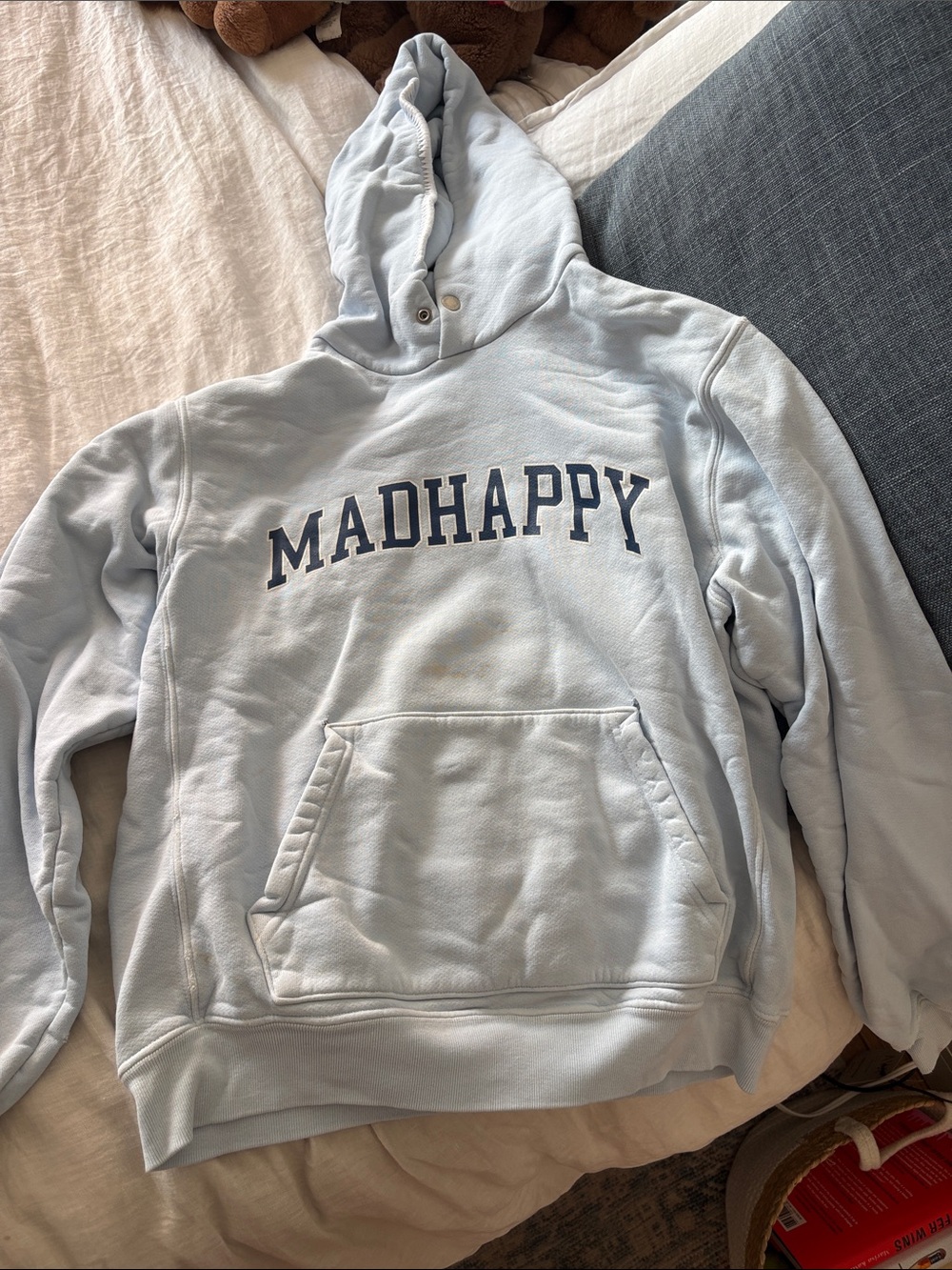 Madhappy lt Blue Crew Hoodie wi Navy Logo. - size S stains and holes